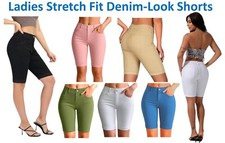 Shorts Ladies Womens Girls Stretch Hot Pants Denim Look Knee Length 3/4 NEW