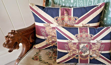 UNION JACK HELALDIC WOVEN CUSHION SMALL PRE LOVED FEATHER INNER LTED
