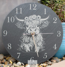 Welsh Slate Engraved Wall Clock 'Highland Cow' Battery Included