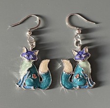 Beautiful Blue Fox Cub Enamel Metal Dangle Earrings - New In Plastic Pouch