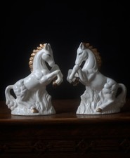 Vintage Ceramic Rearing Horses Pair White & Gold Stallion Figurines 19.5cm
