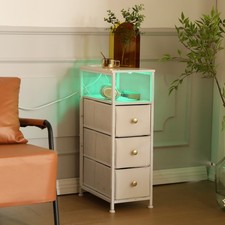 3 Drawers Narrow Side End Table Bedside Table with Charging Station LED Light