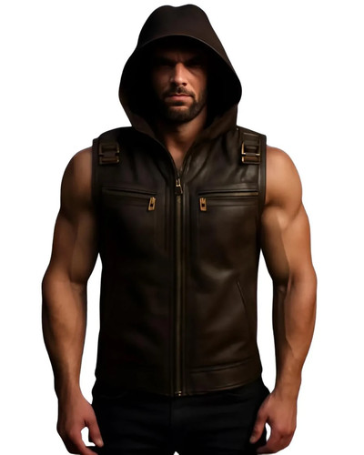 Men hooded leather vest dark - men's,