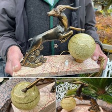 RARE Art Deco C1930’s BRONZED GAZELLE TABLE LAMP Marble Base Crackle Glass Globe