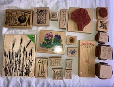 Job Lot of 20 Crafting Wooden Rubber Stamps - Flowers, Leaves, Fruit & Gardening
