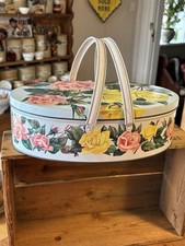 Large Oval Floral Pretty Biscuits Tin With Handles 