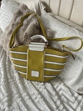 Ladies Mustard Faux Leather Bag White Detailing With Zips