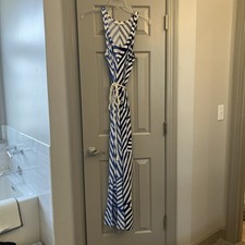 Ann Taylor LOFT Maxi Dress Medium Blue Striped Racer back Rope Belt Stretch Long