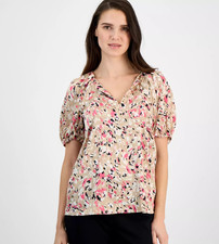 Anne Klein Abstract Printed Puff Sleeve Top Women's XXS Latte Multi Pullover