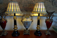 Chunky English Candlestick black & gold Gilt metal column Lamps + Lampshades
