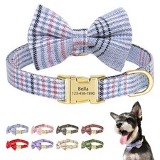 Bow Tie Personalised Dog Collar Engraved Custom Pet Name ID Buckle Adjustable