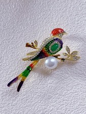 Colorful Magpie Bird Brooch Enamel Rhinestone Pearl Costume Jewelry Gift Xmas