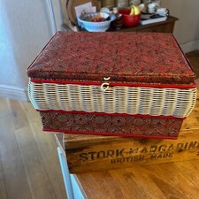 Vintage Large Woven Plastic Sewing Box – Gold & Red Patterned Lid – Retro! –