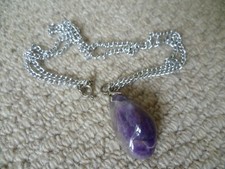 Amethyst Necklace Pendant Dark Purple Healing Stone Silver Metal Chain - LOOK!