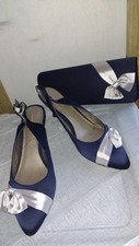 JACQUES VERT BLUE SILVER SATIN BOW LOW HEEL SHOES & MATCHING BAG UK 8 41