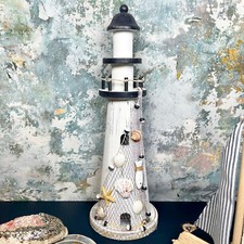 White Wooden Lighthouse Ornament Nautical Coastal Bathroom Sculpture Statue Gift