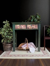 Hand Painted Green Console Table with Decoupaged Floral Drawers – Botanical