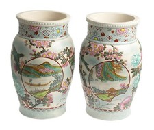 Large Vase Pair Antique Japanese Satsuma Pottery Moriage  Meiji, Prunus & Bird