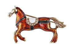 Vintage Inspired Gold Tone Brown Enamel Horse Brooch With Rhinestones