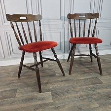 Vintage Pair 2 Turned Wooden Upholstered Pub Chairs - Lounge Dining Seats Retro