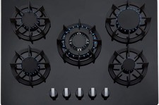 SIA UBR8 70cm 5 Burner Black Glass Gas Hob Cast Iron Pan Stands, LPG Kit
