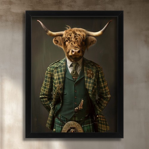 Highland cow green tartan - in,