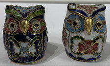 Vintage Cloisonne Enamel Pair of Owls.  Hand Painted White Enamel Floral Designs