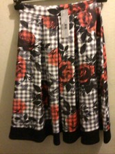 Grid Red Rose Print Pleated  Flared Knee Length Skirt KDK London 50's Retro 