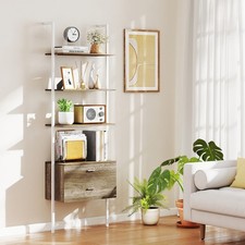 6-Tier Ladder Bookshelf with 2 Drawers 184cm Tall Wall Mounted Grey