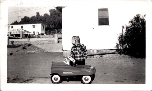Boy with vintage pedal car - vintage,