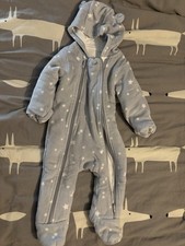 M&S Baby Grey White Stars Soft Winter Hooded Padded Snowsuit Size 3-6 Months