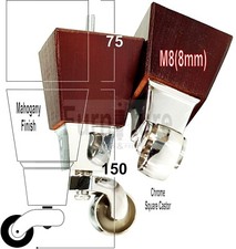 4x Block Wood With Chrome Castor Furniture Chair Settee Legs M8 Sofa Feet 150mm