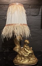 Cute Kitschy Gold Cherub Table Lamp With Feather Trim Shade