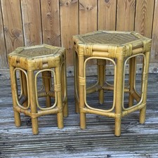 Vintage Nest of 2 Bamboo & Wicker Nesting Side Tables Boho Tiki Plant Stands