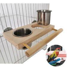 Bird Feeding Dish Cups Wooden Perch Stand Parrot Cage Feeder Water Bowl Hanging