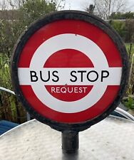VINTAGE LONDON TRANSPORT DOUBLE SIDED ENAMEL BUS STOP SIGN IN CAST IRON FRAME..