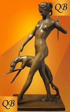 ART DECO BRONZE DIANA & HOUND FIGURINE SCULPTURE STATUE SIGNED NAKED LADY FIGURE