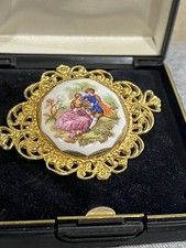 Stunning Original Limoges Enamel Lovers Brooch Pin Badge 5cm Rare Brooch