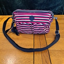Kipling medium striped crossbody/shoulder Bag Matt Monkey Pink White Blue Zip