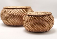 Vintage Woven Rattan Lidded Nesting Baskets VGC
