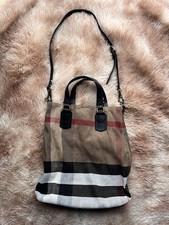 Authentic Burberry Ashby Tote Bag Check Canvas Leather Trim Crossbody Strap