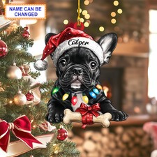 Custom French Bulldog ornament – cute dog with Santa hat & bone 2D Christmas
