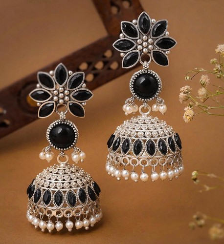 Black silver jhumka earrings - &,