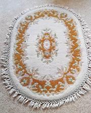 Rug Indian Wool Handmade Oval Beige Floral Tassel 200cm X 145cm Vintage