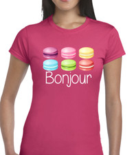 BONJOUR MACAROON LADIES T SHIRT CUTE FRENCH FASHION DESIGNER PARIS CUTE TOP