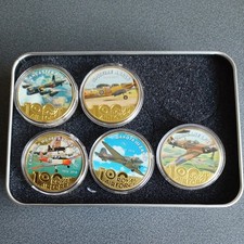 RAF CENTENARY 5 x GOLD PLATED COLOURISED COIN COLLECTION SET . BUNC.DISPLAY TIN