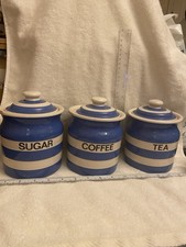 Cloverleaf TGGreen Blue & White striped Tea Coffee & Sugar Storage Jars & Lids