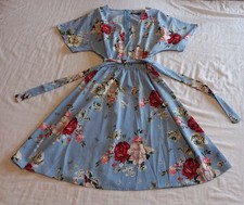 Baby blue floral tea dress with waist tie and back zip size 12