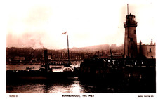The Pier With Steamer Scarborough Yorkshire Vintage Postcard