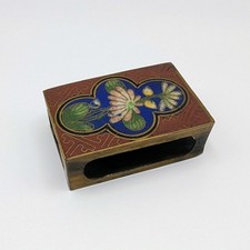 Vintage Cloisonne Match Box Cover Copper Enamel Blue Pink Floral Design